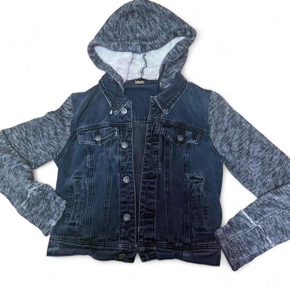 Free People Dark Denim Jacket with Heathered Gray Sleeves - Picture 2 of 7